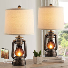 Load image into Gallery viewer, RORIANO Farmhouse Lantern Table Lamps for Living Room Set of 2, Vintage Bedroom Resin Desk Lamp with Dual USB Charging Ports, Rustic Ret