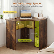 Load image into Gallery viewer, Tangkula 90-Degree Triangle Corner Desk with Charging Station &amp; Open Storage Shelves
