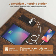 Load image into Gallery viewer, Tangkula 90-Degree Triangle Corner Desk with Charging Station &amp; Open Storage Shelves