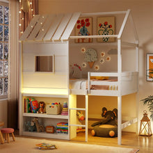 Load image into Gallery viewer, Twin Loft Bed with LED Lights, Wooden House Bed with Roof, Window, Storage Bookshelf, Ladder, Safety Guardrails &amp; Under-Bed Play Space for Kids