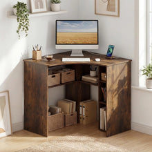 Load image into Gallery viewer, Tangkula 90-Degree Triangle Corner Desk with Charging Station &amp; Open Storage Shelves