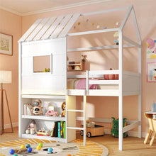 Load image into Gallery viewer, Twin Loft Bed with LED Lights, Wooden House Bed with Roof, Window, Storage Bookshelf, Ladder, Safety Guardrails &amp; Under-Bed Play Space for Kids