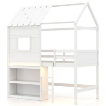 Load image into Gallery viewer, Twin Loft Bed with LED Lights, Wooden House Bed with Roof, Window, Storage Bookshelf, Ladder, Safety Guardrails &amp; Under-Bed Play Space for Kids