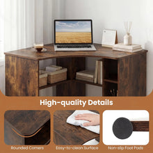 Load image into Gallery viewer, Tangkula 90-Degree Triangle Corner Desk with Charging Station &amp; Open Storage Shelves