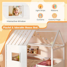 Load image into Gallery viewer, Twin Loft Bed with LED Lights, Wooden House Bed with Roof, Window, Storage Bookshelf, Ladder, Safety Guardrails &amp; Under-Bed Play Space for Kids