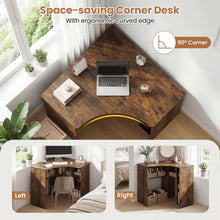 Load image into Gallery viewer, Tangkula 90-Degree Triangle Corner Desk with Charging Station &amp; Open Storage Shelves
