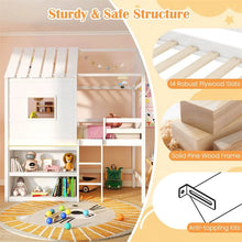 Load image into Gallery viewer, Twin Loft Bed with LED Lights, Wooden House Bed with Roof, Window, Storage Bookshelf, Ladder, Safety Guardrails &amp; Under-Bed Play Space for Kids