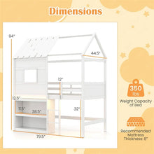 Load image into Gallery viewer, Twin Loft Bed with LED Lights, Wooden House Bed with Roof, Window, Storage Bookshelf, Ladder, Safety Guardrails &amp; Under-Bed Play Space for Kids