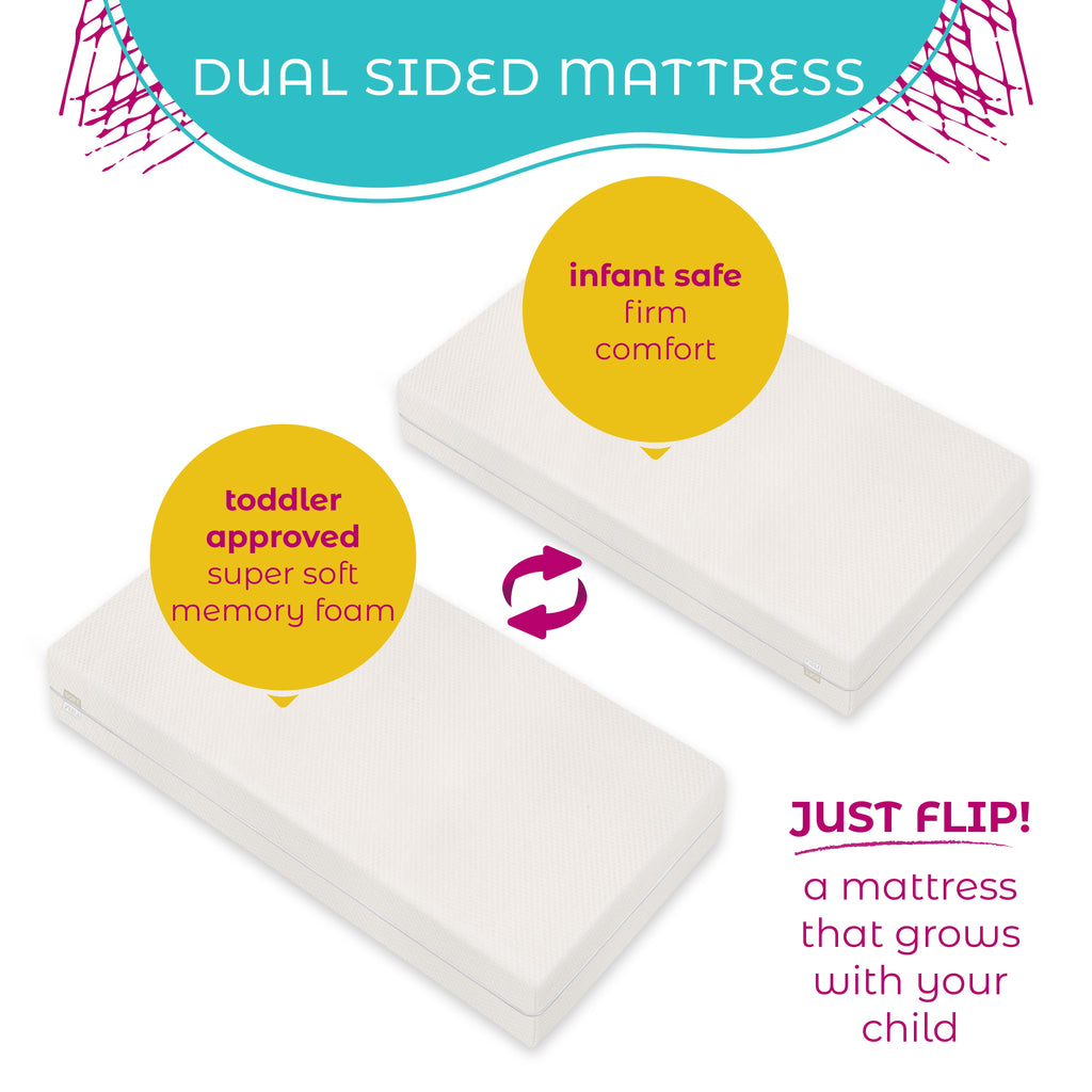 Premium Memory Foam Hypoallergenic Infant Crib Mattress and Toddler Bed Mattress with Waterproof Bamboo Cover. Flip Dual Stage System - 27.5x 52 x 5.5
